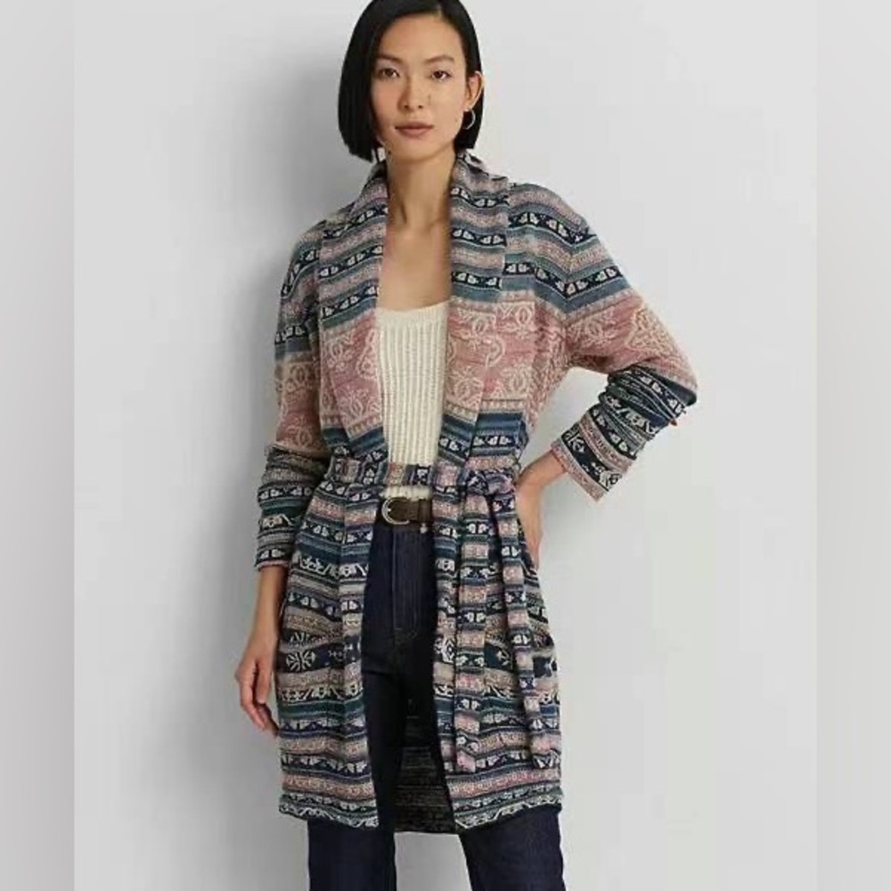 Lauren Ralph Lauren Striped Fair Isle Open Cardigan in Navy and Pink